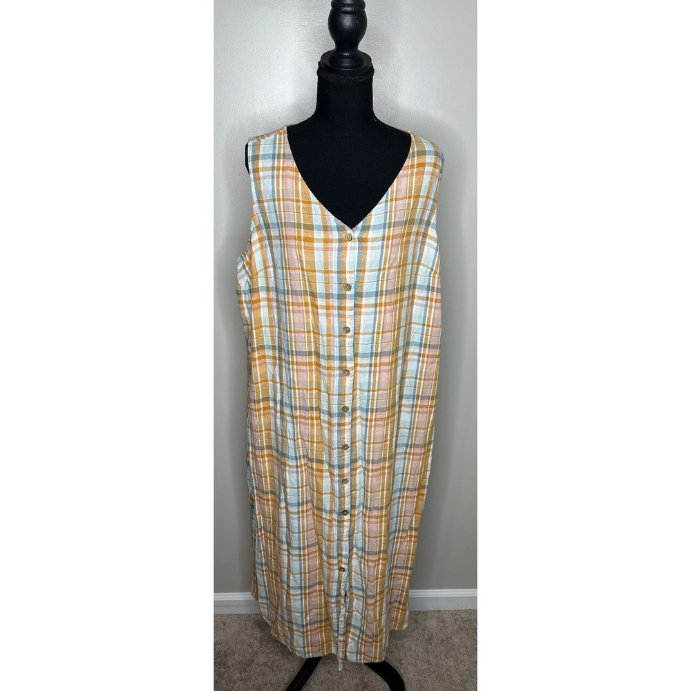 Denim & Co. Naturals Colorful Plaid Linen Blend V-Neck Button Up Dress Size XL
